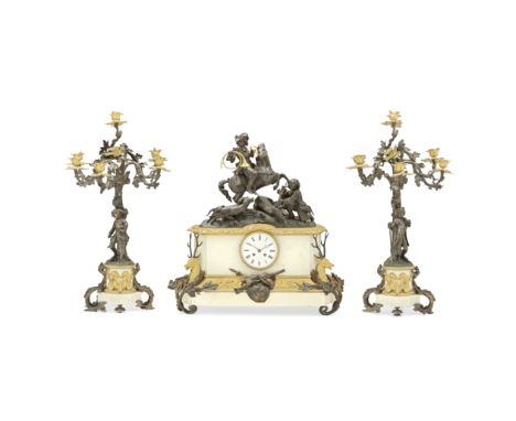 A NAPOLEON III BRONZE AND ORMOLU-MOUNTED MARBLE HUNTING THEME GARNITUREThe 5-inch enamel dial with Roman numerals, the spring