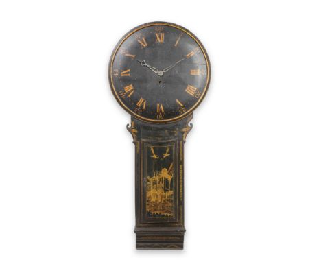 A LATE 18TH CENTURY CHINOISERIE DECORATED TAVERN CLOCKThe 25-inch black and gilt circular dial with moulded bezel framing the