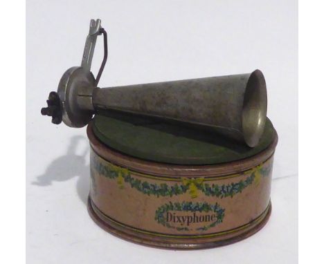 GERMAN, CIRCA 1920s 'DIXY PHONE' child's lithograph tin plate CLOCKWORK GRAMOPHONE, the drum shape body decorated with floral
