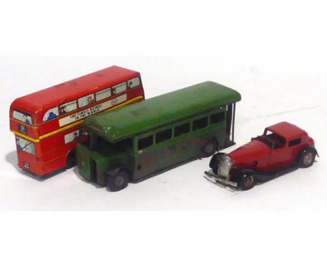 TRIANG MINIC TINPLATE CLOCKWORK TOWN COUPE, now red with black mud guards and running board, fair, DITTO GREEN LINE SINGLE DE