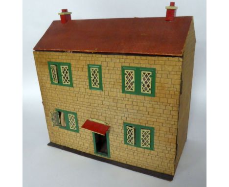 20th CENTURY DOLLS HOUSE WITH METAL LATTICED WINDOWS, with printed paper stonework and simulated red tile roof, 20" (52cm) wi