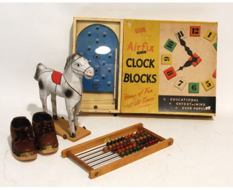 BOXED AIRFIC PLASTIC 'CLOCK BLOCKS' GAME, together with an ABACUS, a small Chad Valley BAGATELLE GAME, a composition TOY HORS