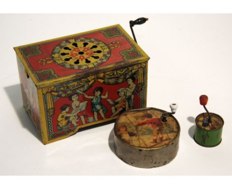 CIRCA 1920s CHILD'S OBLONGBOX FORM TIN PLATE ORGAN the wind generated by a mechanically operated impeller and playing through