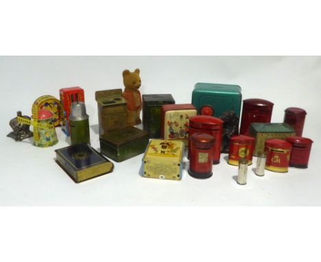 EARLY 20th CENTURY CAST METAL 'BRONZE' PATINATED DRUM-PLAYING ELEPHANT MONEY BANK and twenty nine others, many in the shape o