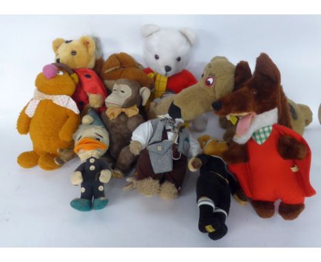 POST-WAR STEIFF TYPE BROWN PLUSH AND FELT MONKEY with glass inset eyes, together with NINE VARIOUS MERRYTHOUGHT and other TED