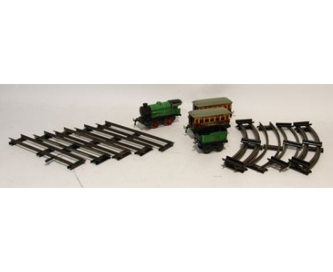 'HORNBY TRAIN' CIRCA 1930s '0' GAUGE LITHOGRAPH TIN PLATE CLOCKWORK M.I. PASSENGER SET containing 0-4-0 locomotive and tender