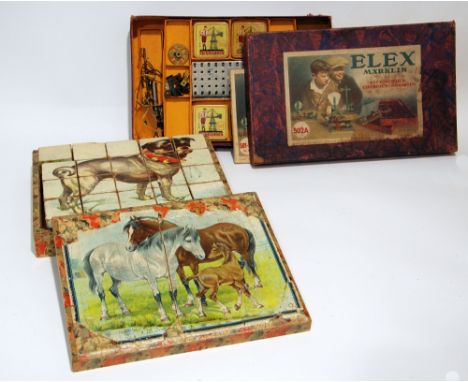 GERMAN LITHOGRAPH WOODEN BOX CONTAINING 20 SIX-SIDED PICTURE BLOCKS, a boxed Marklin 'Elektrischer Experimentier Katen' kit 5