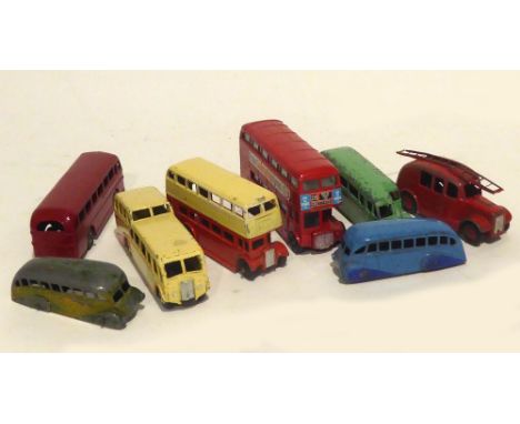 FIVE DINKY TOYS DIE CAST SINGLE DECK BUSES, mainly playworn, includes early small streamline bus in two tone blue and observa