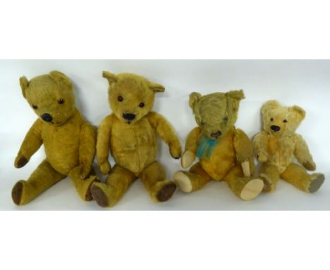 A CIRCA 1930'S, LABELLED CHAD VALLEY, GOLDEN PLUSH TEDDY BEAR with brown fabric pads and glass eyes, 21" (53.5 cm) long (play