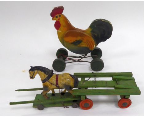 EARLY 20th CENTURY STEIFF PAINTED WOODEN AND METAL CHILD'S PULL-ALONG COCKEREL, button to one side, together with a 'Foreign'