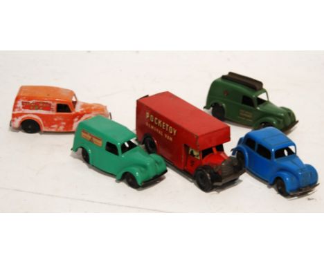 THREE MINIC TOYS CLOCKWORK SMALL VANS, tin plate with plastic one piece body for Royal Mail, Post Office Telephones and Minic