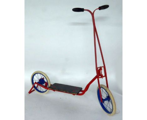 CIRCA 1950s/1960s LINES BROS (TRI-ANG) RED AND BLUE PAINTED METAL CHILD'S SCOOTER with white rubber tyres, wooden foot rest a