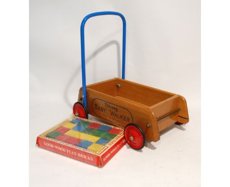 CHILD'S TRI-ANG PUSH ALONG WOOD AND TUBULAR METAL TROLLEY/BABY WALKER, boxed set of WOODEN PLAY BRICKS, LARGE DOLL SIZED SET 