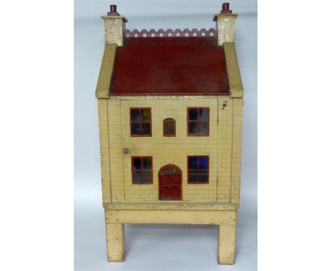 EARLY 1900s GEORGIAN STYLE PAINTED WOODEN DOLL'S HOUSE, the frontal elevation with simulated stonework and five windows surro