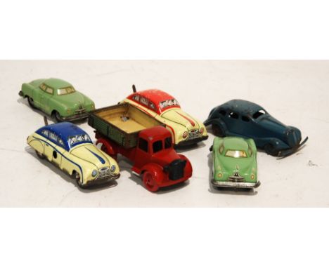 BRIMTOY MID-20th CENTURY DIE CAST AND TIN PLATE CLOCKWORK TIPPER TRUCK, red body with red plastic wheels, 3 3/4" (9.5cm) long