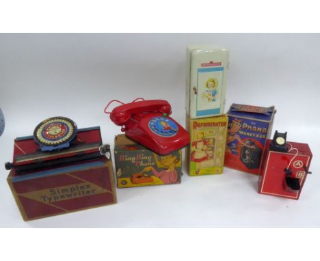 FOUR BOXED TINPLATE TOYS CIRCA 1920's TO 1950's VIZ SIMPLEX TYPEWRITER (a.f.) box fair, Guiterman London 'Phono Money Box' in