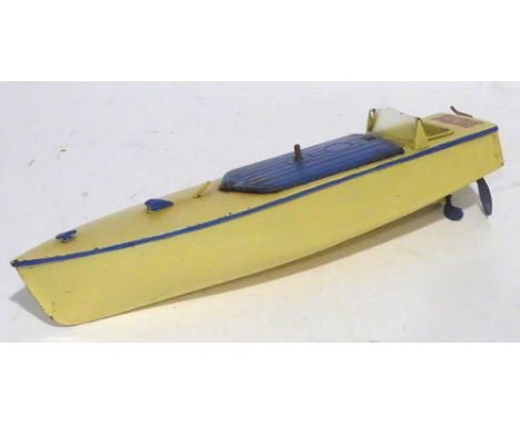 HORNBY-MECCANO, LIVERPOOL PAINTED TIN PLATE CLOCKWORK SPEEADBOAT 'Racer II', dark blye and cream, 12 3/4" (32.4cm) long, good