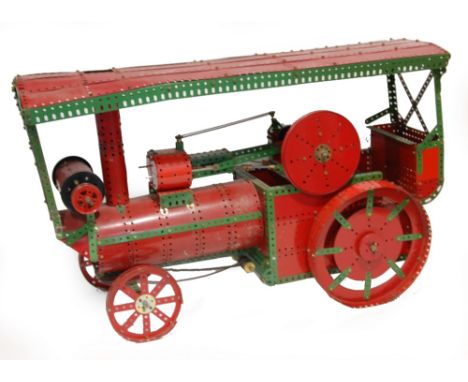 LARGE EXHIBITION QUALITY RED AND GREEN MECCANO MODEL OF SHOWMAN'S STEAM ENGINE, having an electric motor powering the rod and