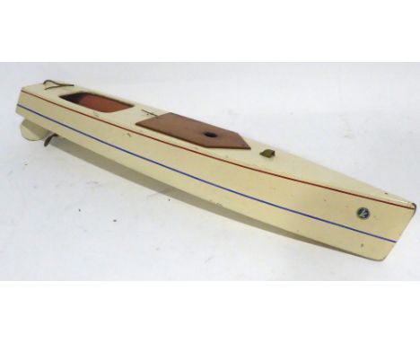 CIRCA 1940's PAINTED WOOD CLOCKWORK LAKES TYPE CRUISER/LONG MOTOR BOAT, maker's logo 'K', cream and red, blue lines to hull, 