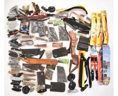 A collection of shotgun and rifle accessories including Beretta and similar gun recoil pads and butt plates, slings, cartridg