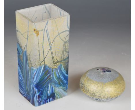 Isle of Wight iridescent glass vase and a signed Jonathan Harris paperweight