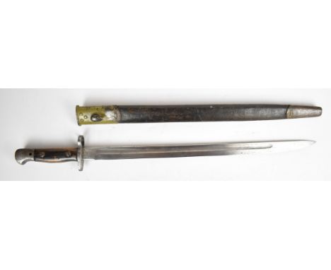 British 1907 pattern bayonet by Wilkinson with wooden grips, 43.5cm single edged blade, some good stamps to ricasso and leath