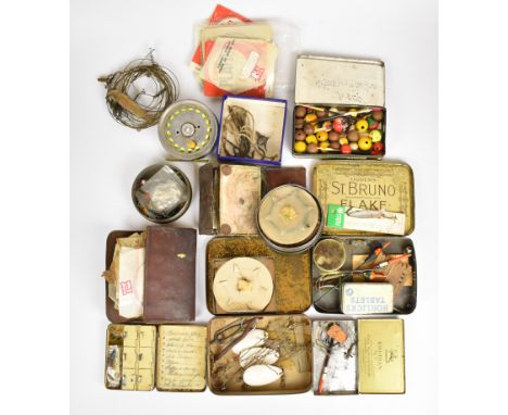 Vintage fishing equipment to include a Hardy 'St George' fly fishing reel, sectional fly fishing boxes with flies, Iures and 