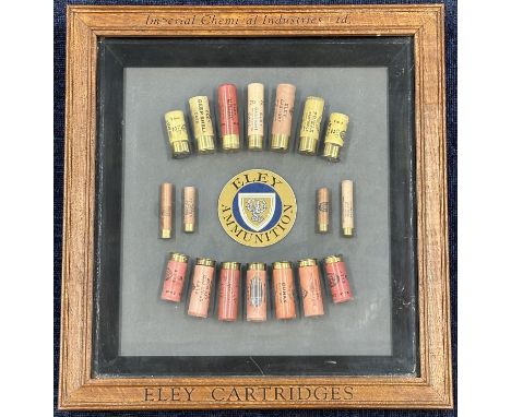 Eley Ammunition shotgun cartridge display board decorated with various Eley shotgun cartridges, in oak 'Imperial Chemical Ind