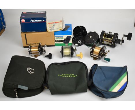 Vintage fishing reels including Fladen lever 20 Warbird multiplier, Dream City 981, Penn no. 85 and 160, fly fishing reels an