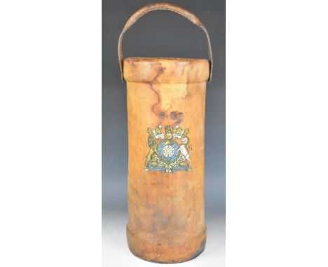 Ammunition / cordite leather covered canvas carrier with coat of arms and leather carry strap, H49cm