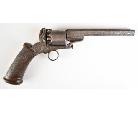 Belgian 54 bore six-shot self-cocking percussion revolver with ring trigger, engraved frame and butt cap, chequered grip and 
