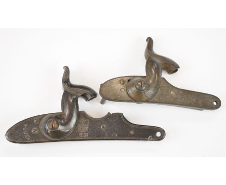 Two percussion rifle, military or sporting gun locks, one stamped 'Tower' and with crown over 'VR' cypher and the other 'V-R 