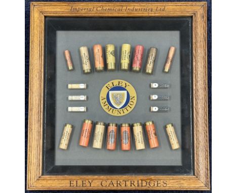 Eley Ammunition shotgun cartridge display board decorated with various Eley shotgun cartridges and shot, in oak 'Imperial Che