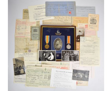 British Army WW1 medal pair named to 48459 Pte S. Davis, Royal Warwickshire Regiment, with cap badge, photo and British Legio