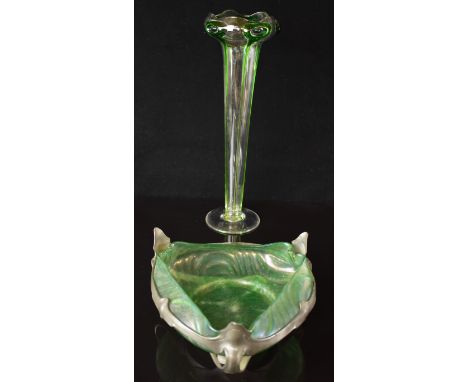 Loetz / Teradite Art Nouveau green iridescent triform bowl with pewter mount and a clear and green glass vase, bowl dimension