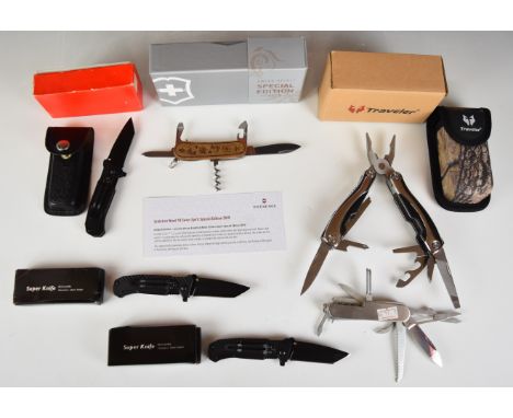 Six various knives and multi-tools including Victorinox Swiss Spirit special edition, Traveller, Super Knife etc, all but one