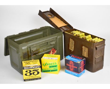 Five hundred and eighty eight 20 bore shotgun cartridges including Winchester Magnum, some in original boxes, in two vintage 