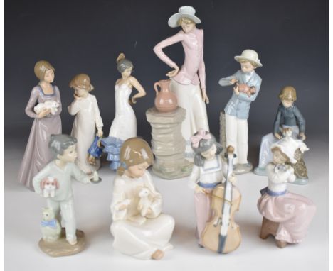 Ten Lladro / Nao figures including flamenco dancer, cellist, girl with urn etc, some boxed, tallest 33cm