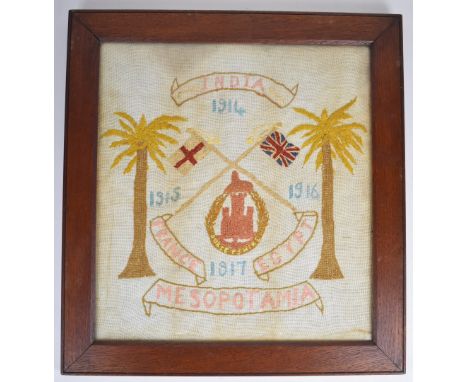 British Army Dorsetshire Regiment WW1 wool work / tapestry with regimental cypher to centre, under crossed flags flanked by p
