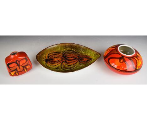 Two Poole Pottery mid century modern vases (tallest 11cm) and a dish, diameter 30cm