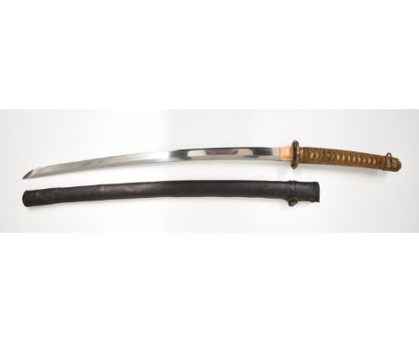 Japanese Samurai sword with signed tang, two menuki, bound grip, decorated tsuba, 68cm curved blade and scabbard with leather