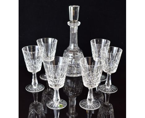 Waterford Crystal Kylemore cut glass decanter (32cm tall) and six wine glasses (17.5cm tall)