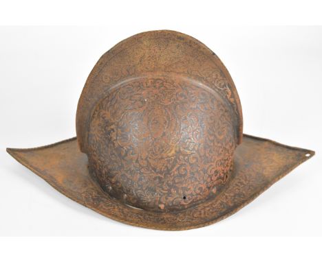 Cabasset 17thC style helmet with rope twist rim, high comb and all over decoration&nbsp;