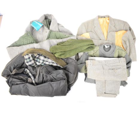 A collection of gentleman's shooting clothing comprising Brook Taverner Saxony Supreme tweed jacket, Wathen, Gardiner &amp; C