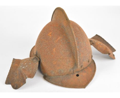 Cabasset 17thC style helmet with high comb, ear protection and rope twist rim