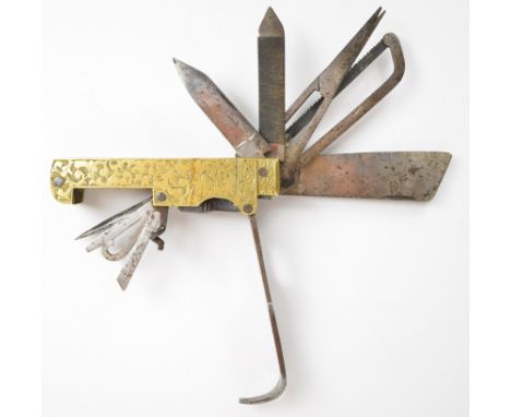 Coachman's multi-tool pocket or penknife with 12 various tools including carriage key, corkscrew, scissors, knives, saws, fil