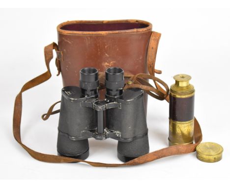 Pair of Dienstglas 7x50 binoculars, number 2243916 with leather case together with a seven draw brass and leather telescope