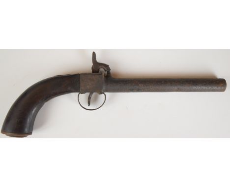 Unnamed 28 bore percussion hammer action bootleg 'man stopper' pistol with chequered wooden grips and 7 inch smooth-bored bar