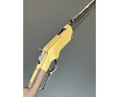Uberti Henry 1860 Yellowboy Winchester style .44-40 underlever-action rifle with brass frame, storage compartment to the bras