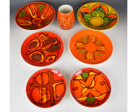 Poole Pottery mid century modern bowls, plates and vases, some in the Delphis range, tallest 14.5, largest diameter 27cm